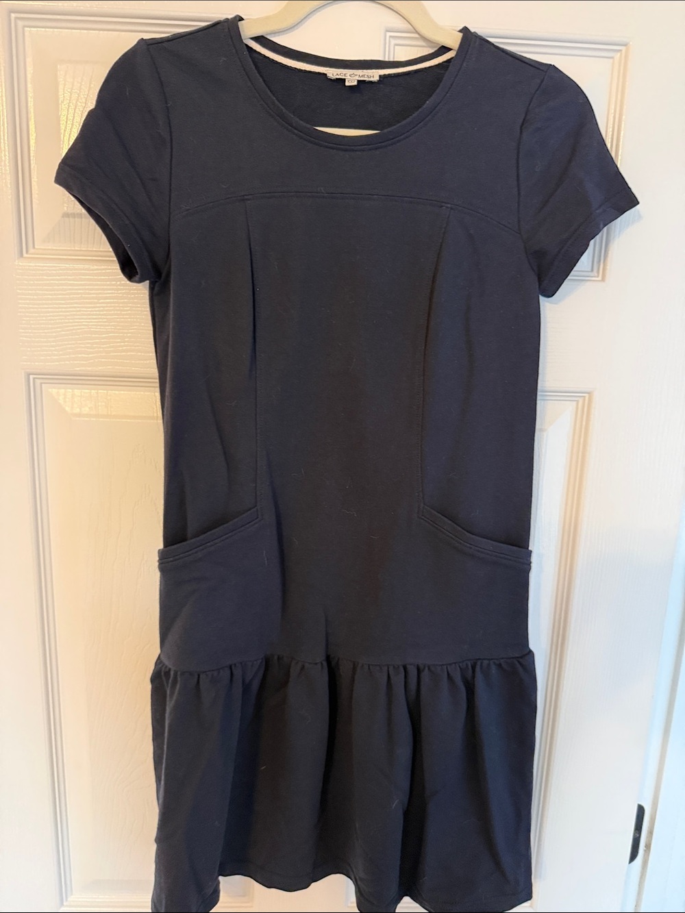 Black Short-Sleeve Mini Dress with Front Pockets